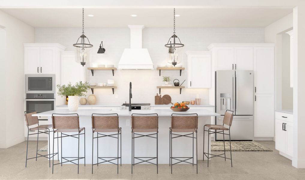 Kitchen with pendant lighting and floating shelves