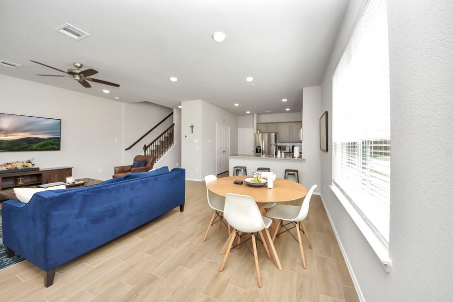 Large living and dining combination room as seen from the front entry area. Large living and dining combination room as seen from the front entry area.