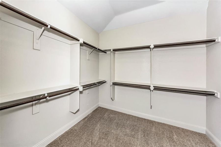 Walk in closet with carpet floors and vaulted ceiling