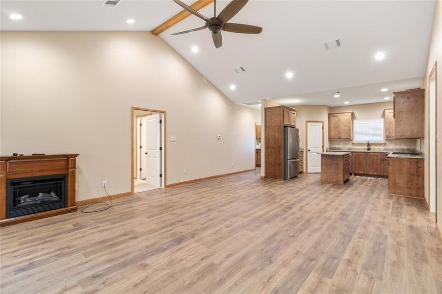 Open concept living to kitchen