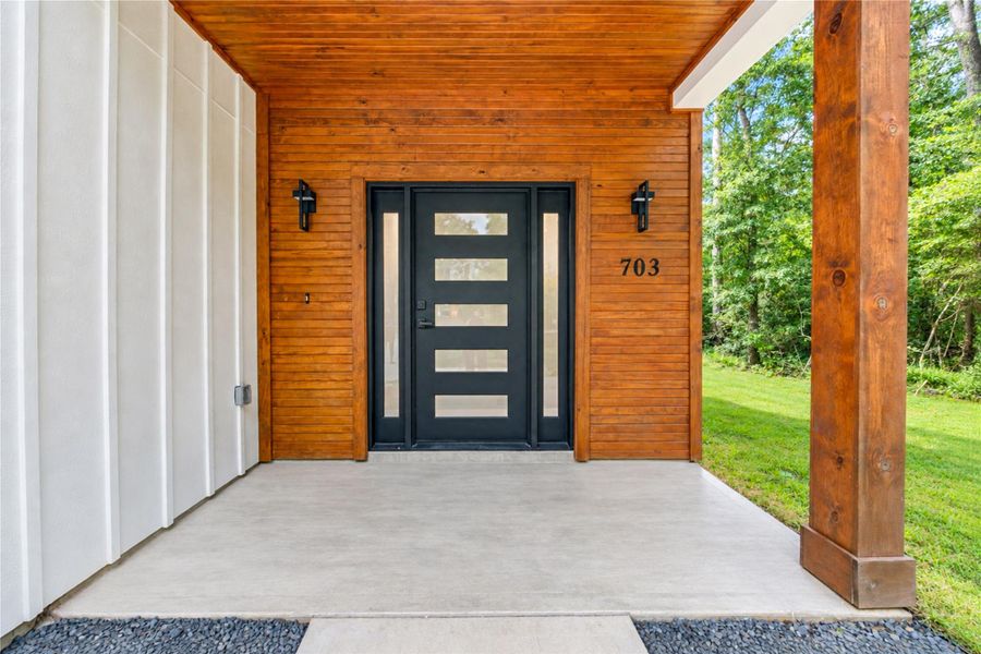 Stylish entryway featuring a modern black door with sleek glass panels, complemented by warm wood siding and contemporary lighting, set against a lush green backdrop.