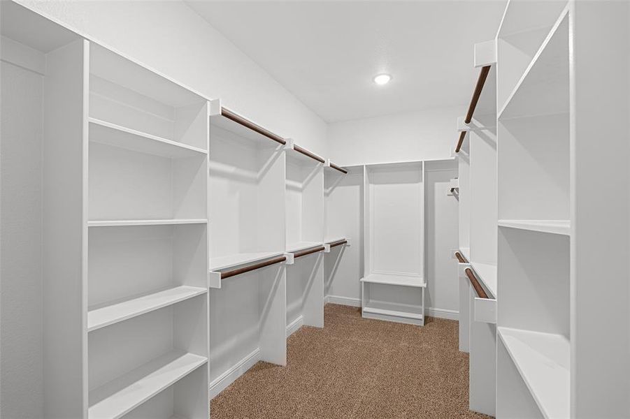 Walk in closet featuring light colored carpet