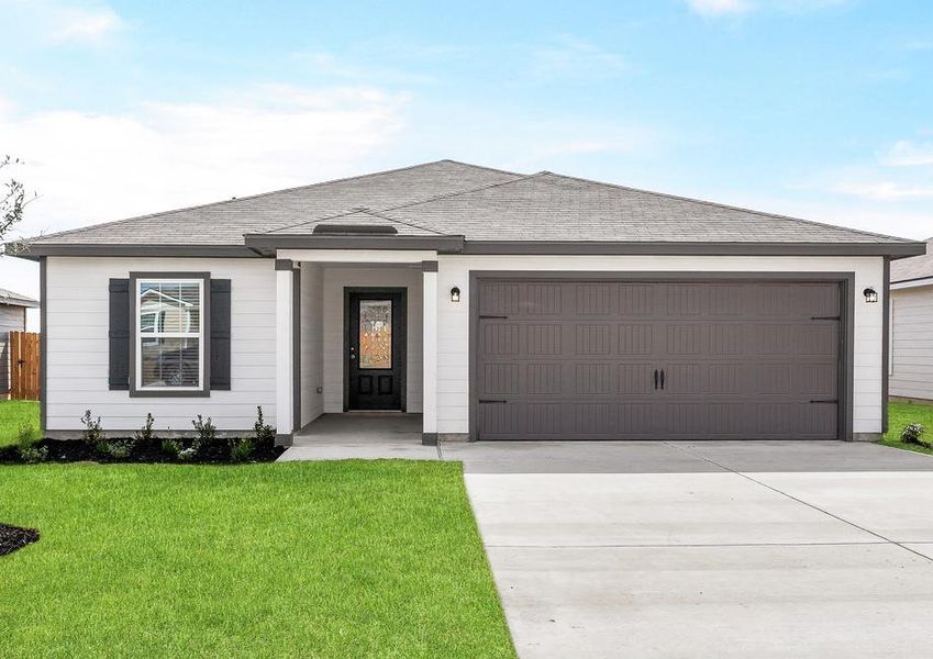 The exterior of the Encino floor plan with a two-car garage