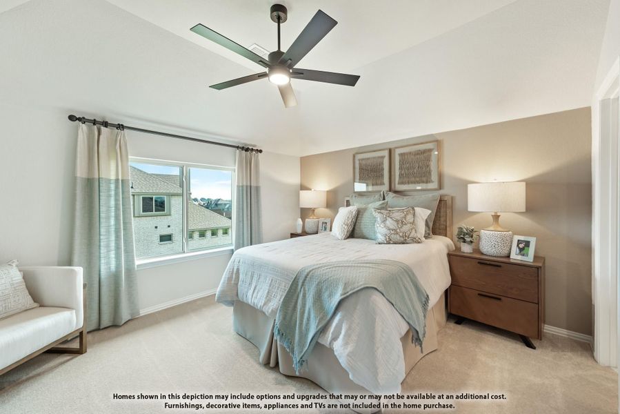 Bedroom with ceiling fan, carpet flooring, wood nightstands, and a window with curtains Bedroom with ceiling fan, carpet flooring, wood nightstands, and a window with curtains