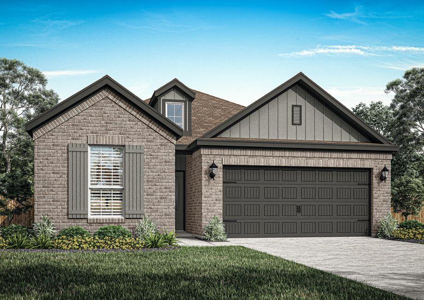 A one-story home with brick and shutters on the windows