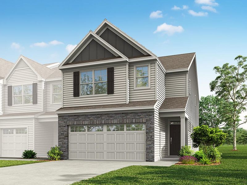Front exterior of a new home in Running Brook Townes, Durham, NC, highlighting curb appeal (Image 1). Front exterior of a new home in Running Brook Townes, Durham, NC, highlighting curb appeal (Image 1).