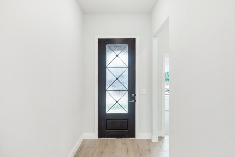 Dark wood front door with decorative glass panels in a bright entryway with light hardwood floors