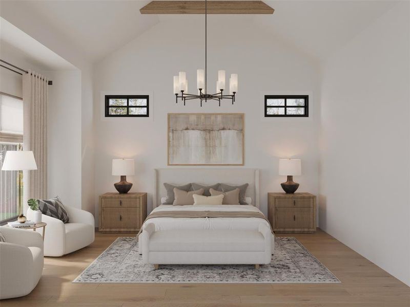 Bedroom with high vaulted ceiling, a chandelier, and light hardwood / wood-style floors