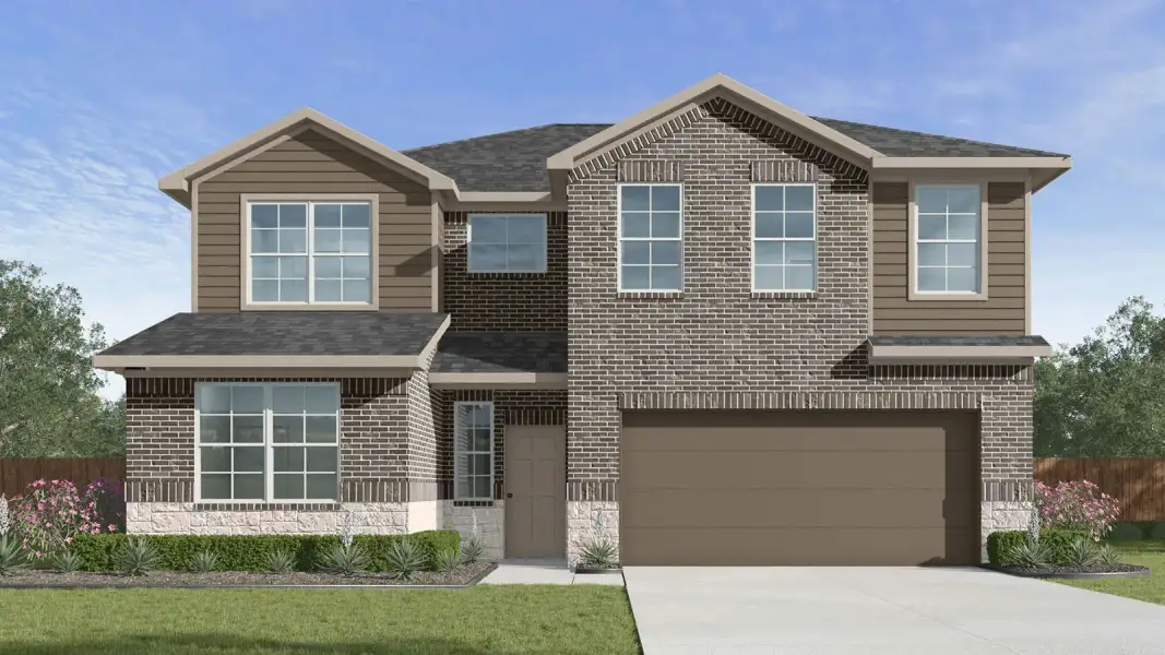 Front exterior of a new home in Rancho San Gabriel, Georgetown, TX, highlighting curb appeal (Image 2). Front exterior of a new home in Rancho San Gabriel, Georgetown, TX, highlighting curb appeal (Image 2).