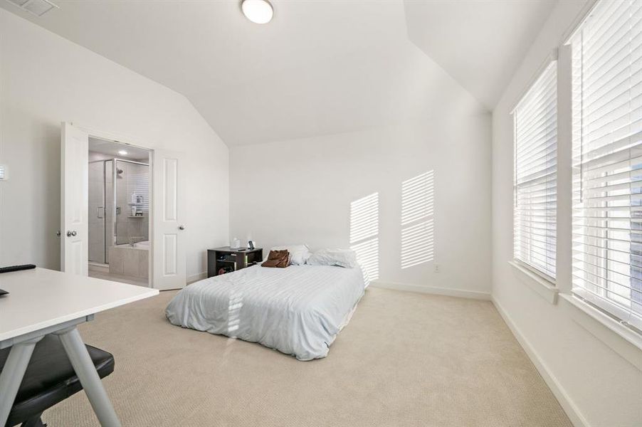 Bedroom featuring lofted ceiling, light colored carpet, and connected bathroom