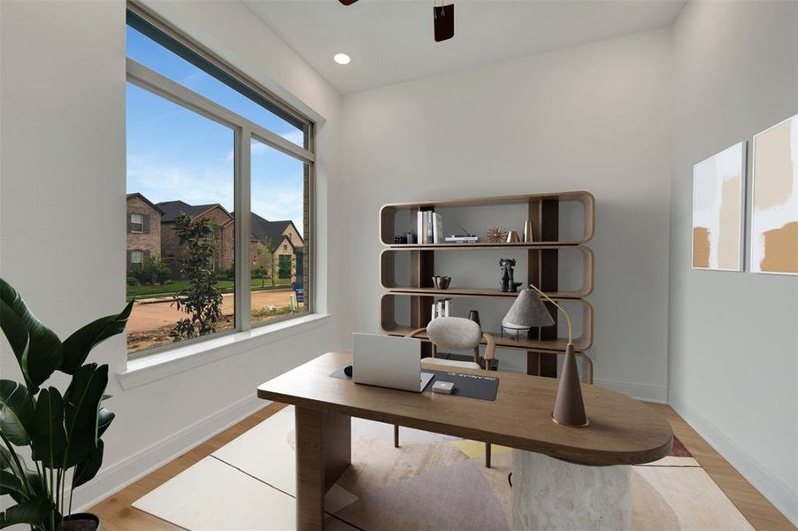Room featuring a large picture window, recessed lighting, and wood-finish flooring