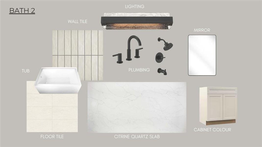 Finishes for Bath 2 include painted custom shaker cabinets, Citrine quartz countertops and an alcove tub/shower combo. Finishes are subject to change.