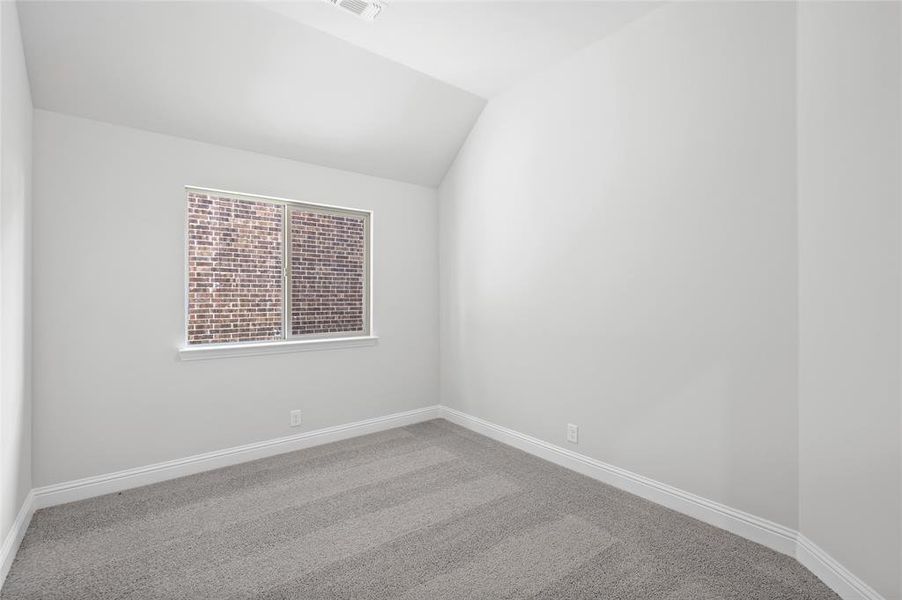 Unfurnished room featuring carpet and vaulted ceiling