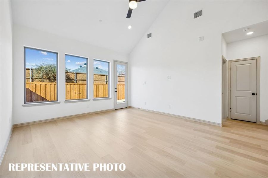 Hosting family and friends in this lovely light filled family room is a breeze in our Farley plan!  REPRESENTATIVE PHOTO