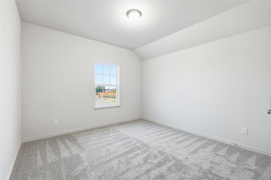 Unfurnished room featuring lofted ceiling and carpet flooring