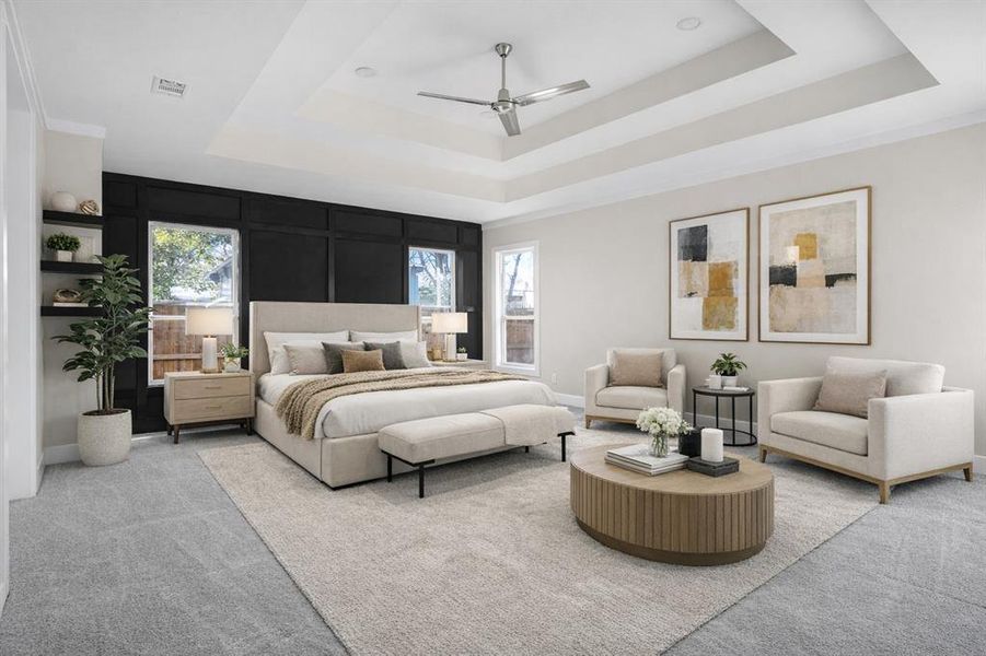 Huge master bedroom with tray celings, accent wall, and french doors to the extrodinary luxury spa bathroom.