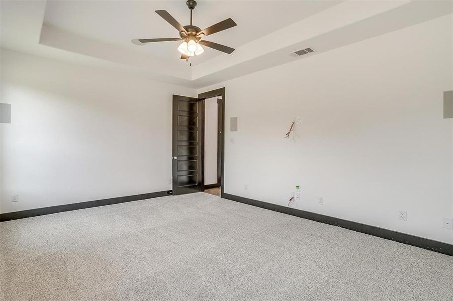 Carpeted spare room featuring a tray ceiling and ceiling fan