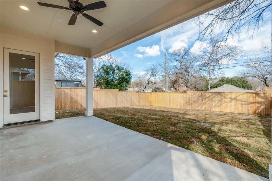 View of patio with ceiling fan