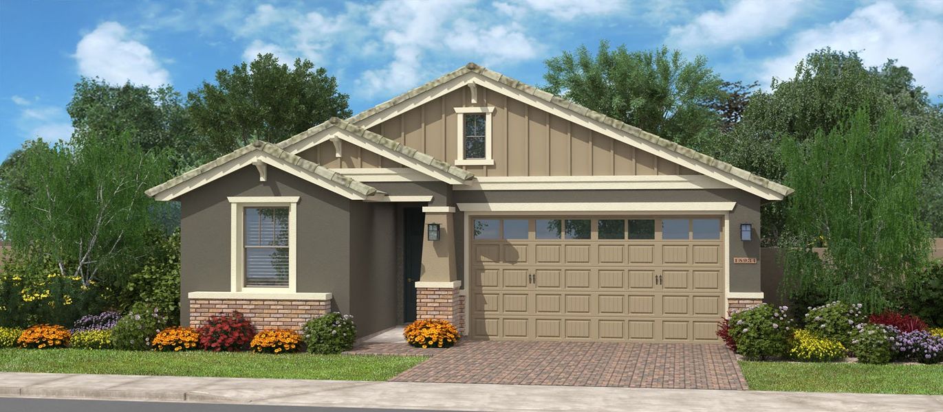 Front exterior of a new home in Calistoga at Promenade, San Tan Valley, AZ, highlighting curb appeal (Image 1). Front exterior of a new home in Calistoga at Promenade, San Tan Valley, AZ, highlighting curb appeal (Image 1).