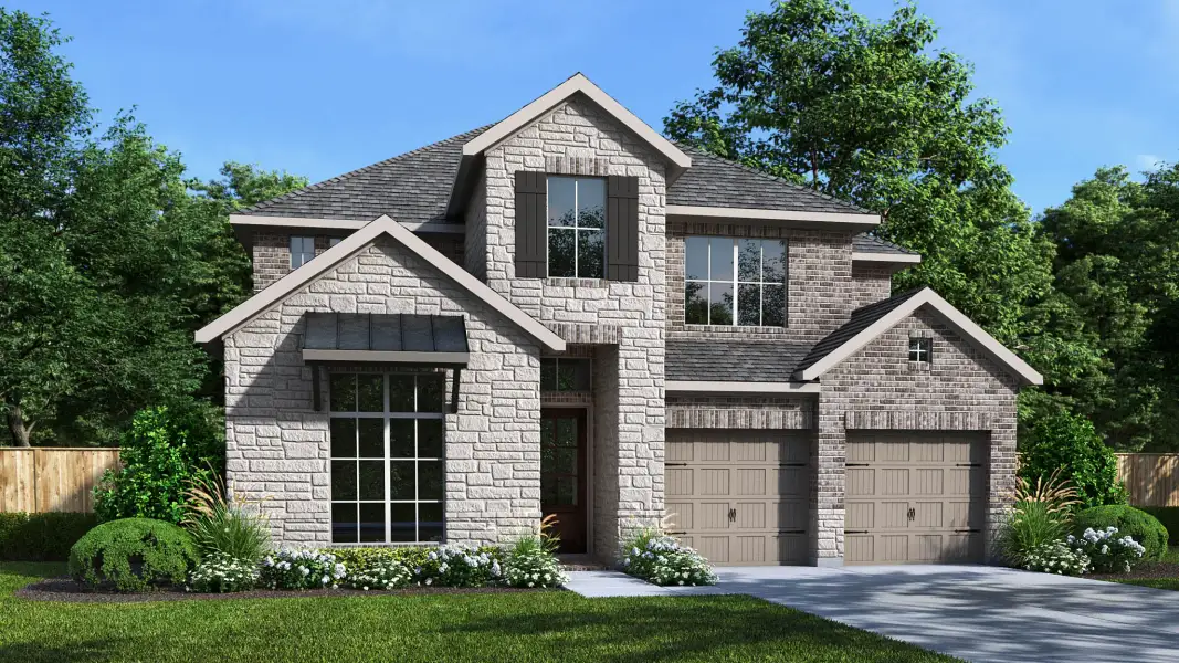 Representative exterior photo of a completed home built from the 2595W by Perry Homes in Parkside on the River West, Georgetown, TX (Image 9).
