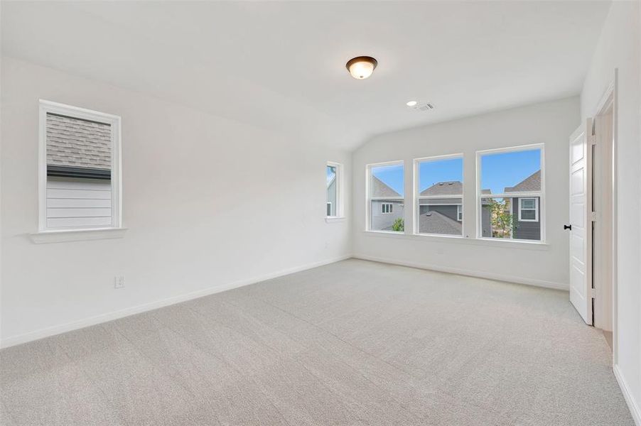 Spacious room featuring light-colored carpeting, multiple white-framed windows, a white paneled door with black hardware, a flush-mount ceiling light fixture, and recessed lighting