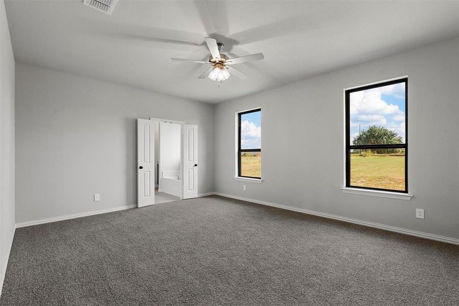 Spare room featuring carpet floors, a wealth of natural light, and ceiling fan