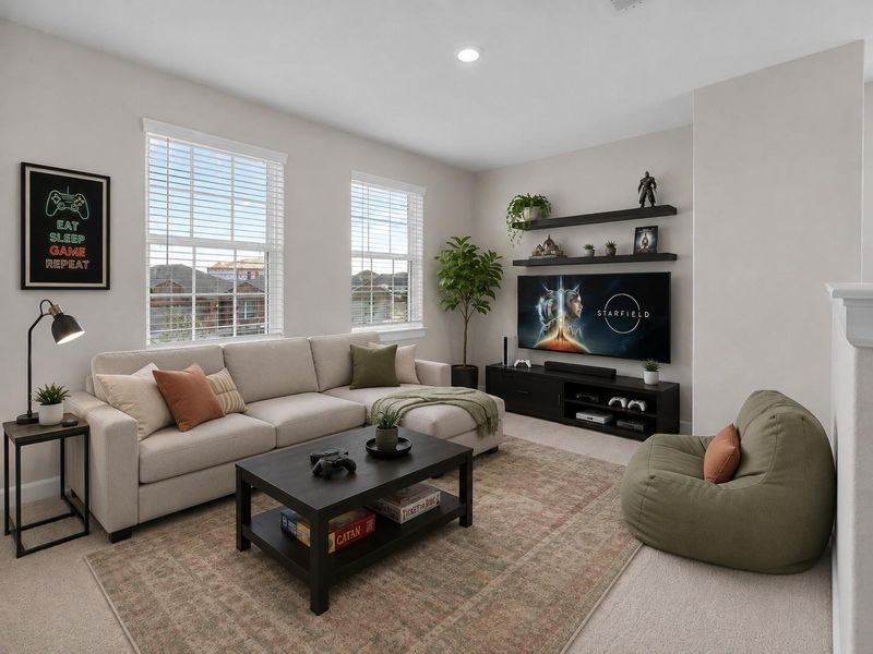 Versatile upstairs game room with large windows, recessed lighting, and flexible space for a media room, home office, or playroom.**Virtually staged Versatile upstairs game room with large windows, recessed lighting, and flexible space for a media room, home office, or playroom.**Virtually staged