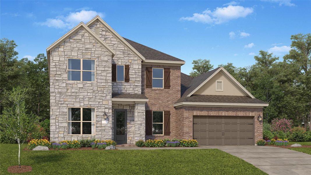 Front exterior of a new home in Scotts Bend, Baytown, TX, highlighting curb appeal (Image 1). Front exterior of a new home in Scotts Bend, Baytown, TX, highlighting curb appeal (Image 1).