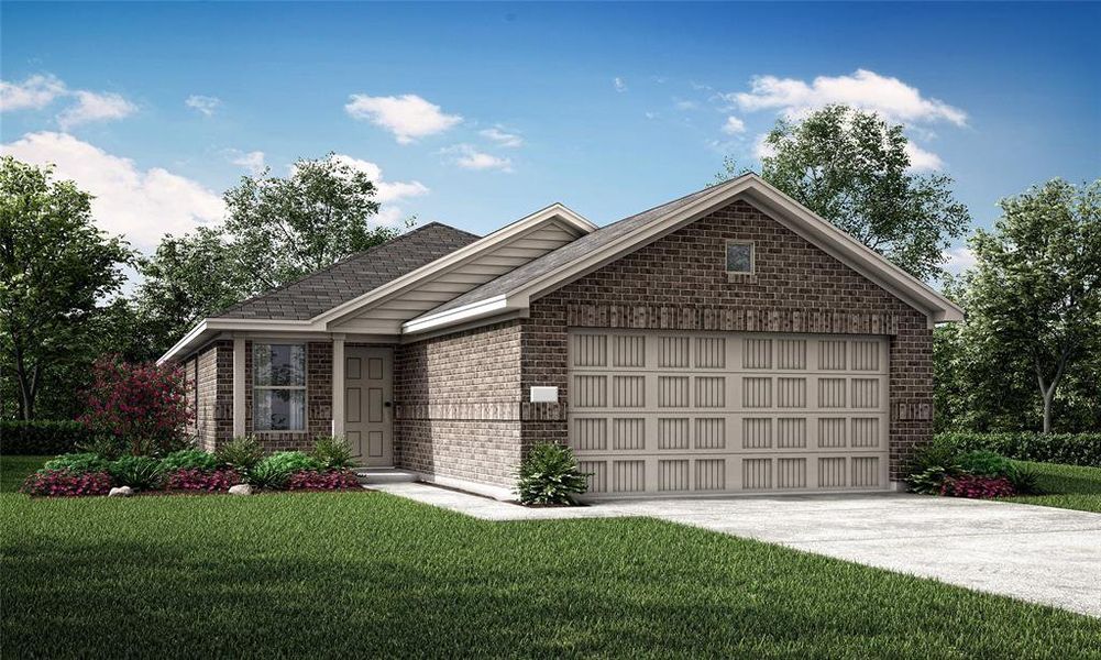 View of front facade featuring a garage and a front lawn