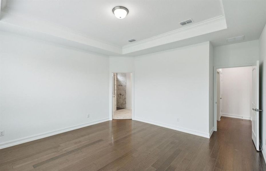 Elegant owner's suite with tray ceiling *real home pictured