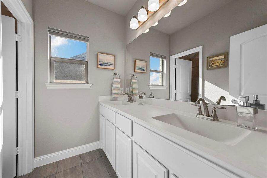 Bathroom with plenty of natural light and vanity