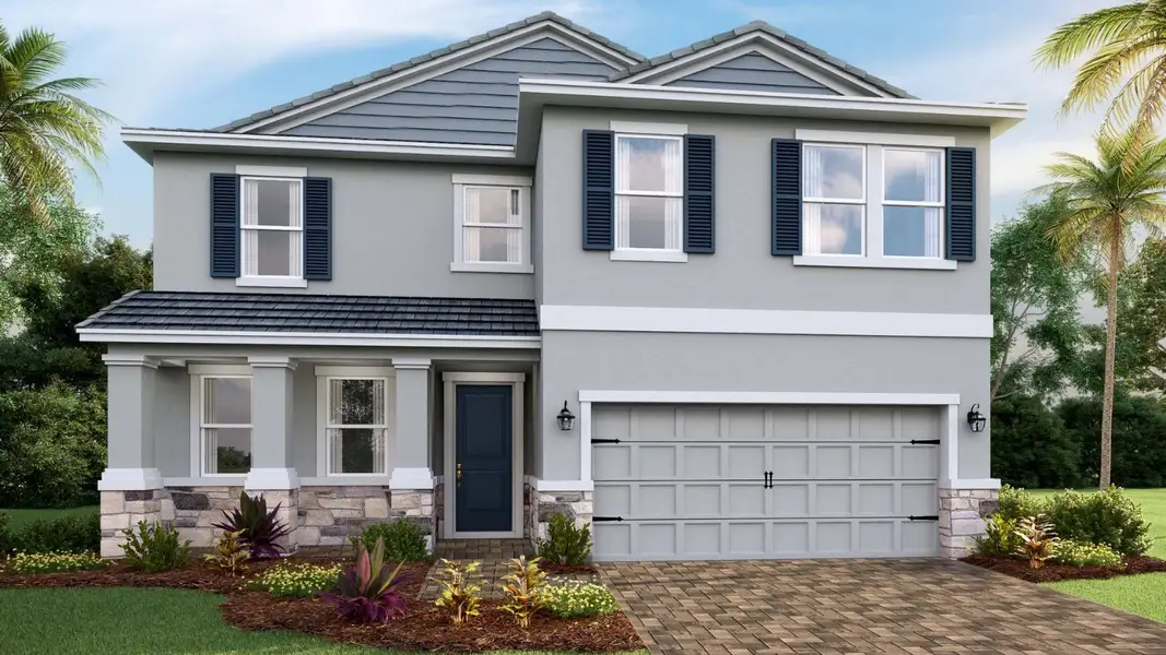 Front exterior of a new home in Hammock at Two Rivers, Zephyrhills, FL, highlighting curb appeal (Image 1). Front exterior of a new home in Hammock at Two Rivers, Zephyrhills, FL, highlighting curb appeal (Image 1).