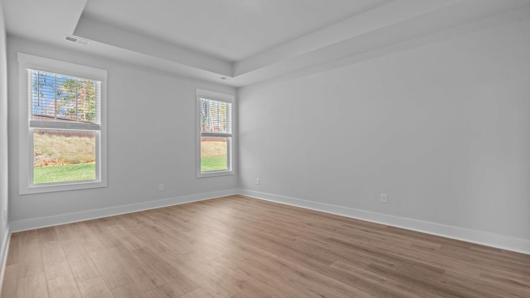 Elegant primary suite with hardwood flooring, tray ceiling, and superior natural light in this accomplished DRB Homes design