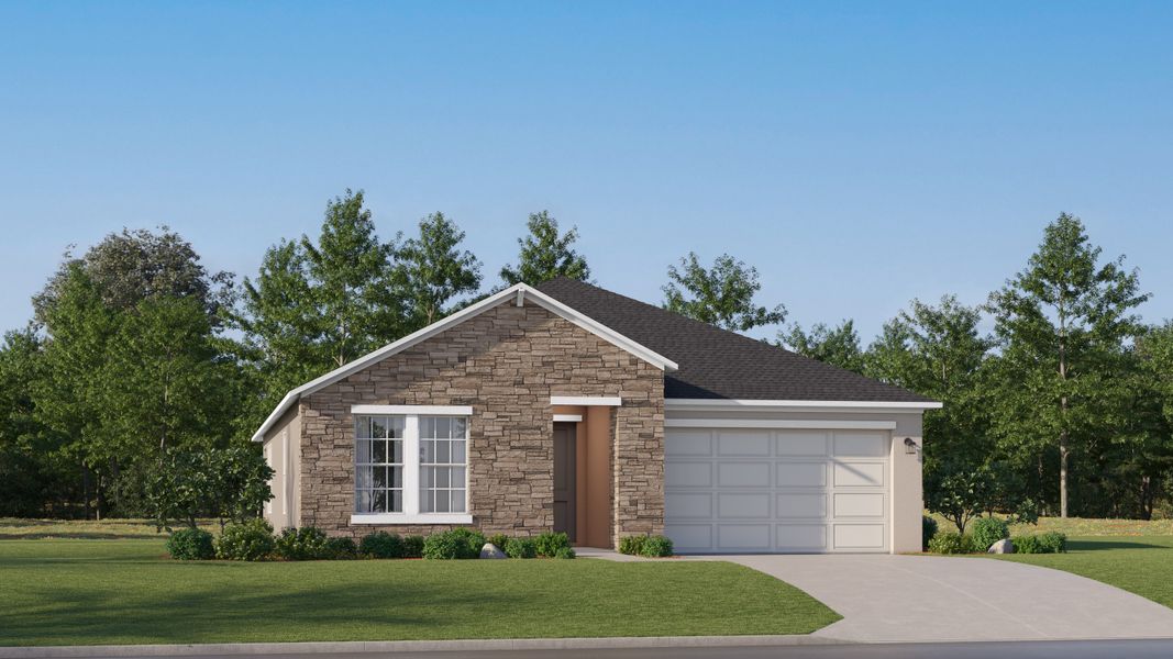 Front exterior of a new home in Two Rivers, Zephyrhills, FL, highlighting curb appeal (Image 1). Front exterior of a new home in Two Rivers, Zephyrhills, FL, highlighting curb appeal (Image 1).