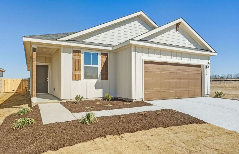 Front exterior of a new home in Larson Crossing, Elgin, TX, highlighting curb appeal (Image 20).