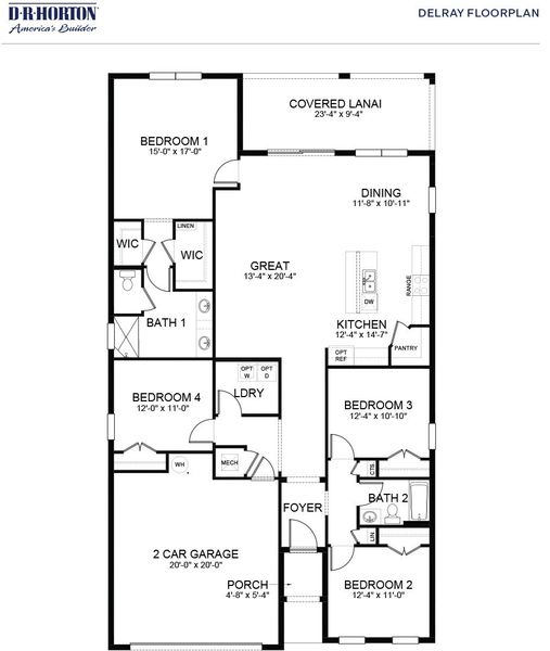 2D floor plan layout for the Delray by D.R. Horton in Indian River Preserve, Mims, FL (Image 3).