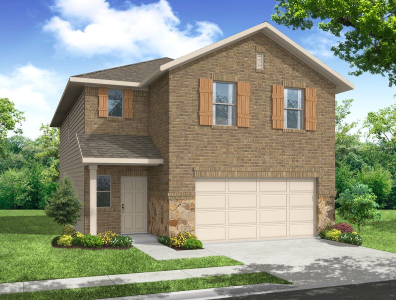Representative exterior photo of a completed home built from the Mulberry by Impression Homes in Keeneland, Aubrey, TX (Image 8). Representative exterior photo of a completed home built from the Mulberry by Impression Homes in Keeneland, Aubrey, TX (Image 8).