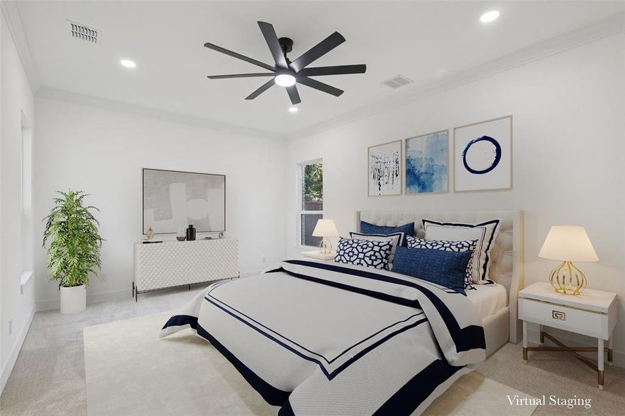 Bedroom with ornamental molding, light colored carpet, ceiling fan, and recessed lighting
