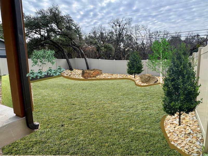 View of fenced backyard. Rendering will be done in 2-3 weeks.