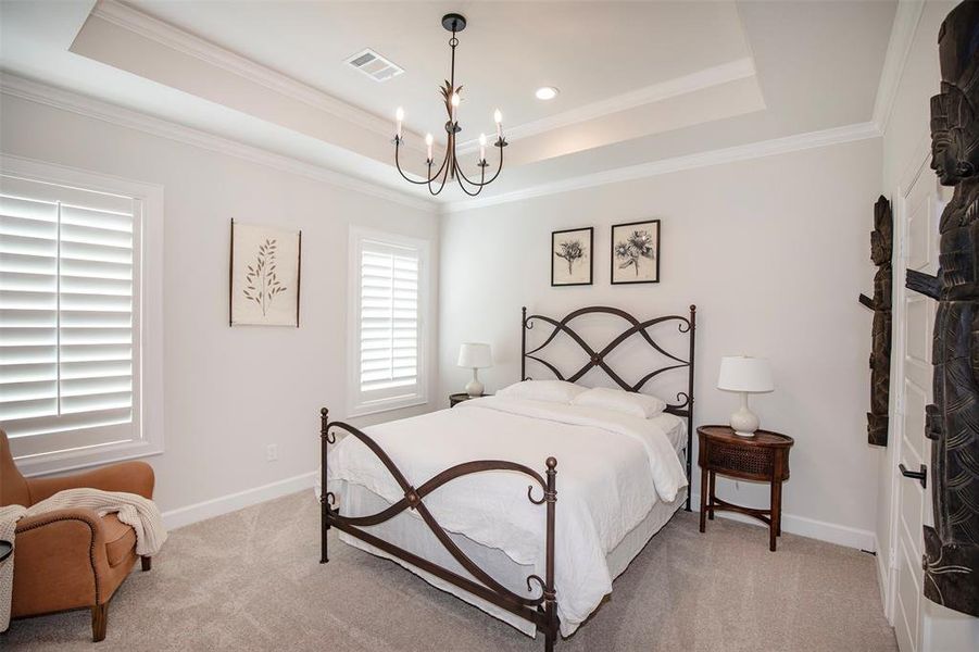 This cozy bedroom features a tray ceiling, elegant chandelier, and soft carpeting. It has a charming metal bed frame, two windows with plantation shutters, and tasteful wall art. A comfortable armchair and a small bedside table with a lamp complete the inviting space.