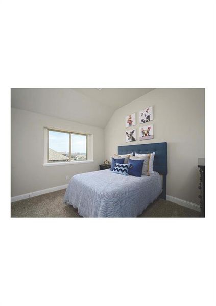 Bedroom featuring carpet and vaulted ceiling