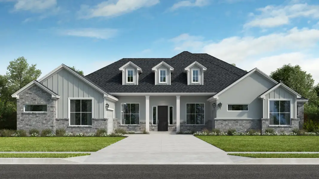 Front exterior of a new home in Leander Estates, Leander, TX, highlighting curb appeal (Image 1). Front exterior of a new home in Leander Estates, Leander, TX, highlighting curb appeal (Image 1).