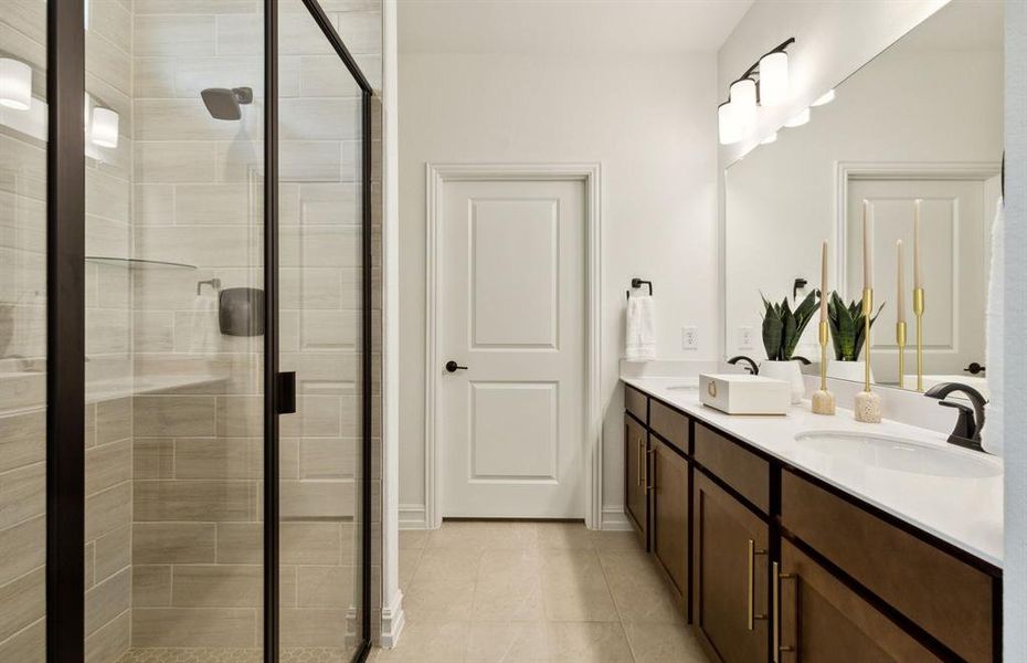 Modern owner's bath with dual vanities and a spacious shower *Model representation Modern owner's bath with dual vanities and a spacious shower *Model representation