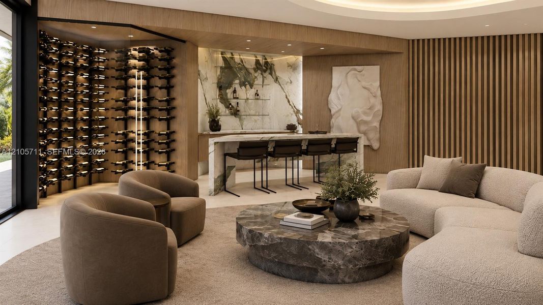 Custom temperature-controlled wine storage wall, bar area with stone slab countertop, vertical wood-slat wall paneling, and wood-finish cabinetry