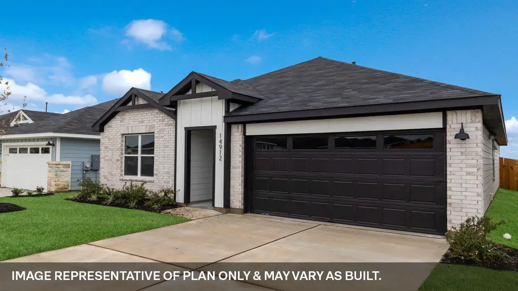 Front exterior of a new home in Monarch Ranch, Manor, TX, highlighting curb appeal (Image 2). Front exterior of a new home in Monarch Ranch, Manor, TX, highlighting curb appeal (Image 2).