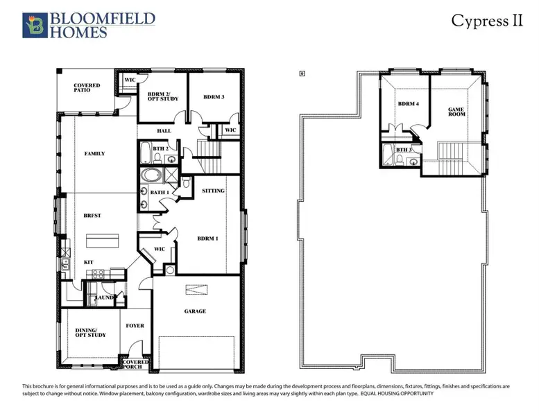 Bloomfield Homes Cypress II floor plan showing four bedrooms, three bathrooms, family room, kitchen, and two-car garage across two floors.