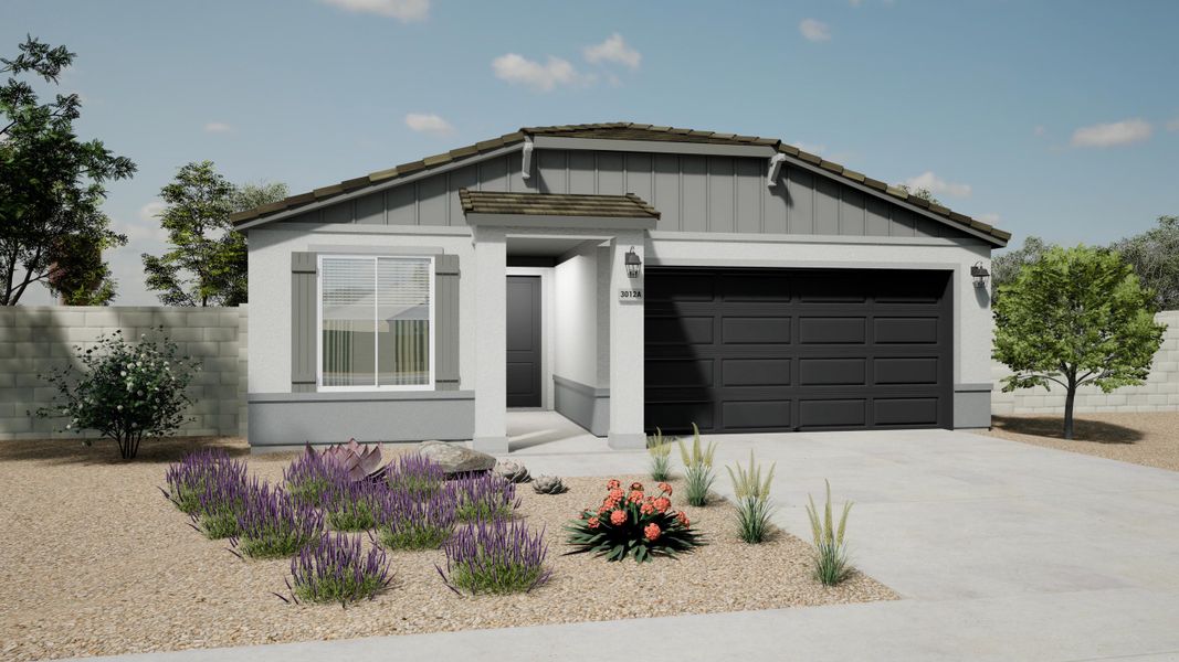 Front exterior of a new home in North Copper Canyon, Surprise, AZ, highlighting curb appeal (Image 1). Front exterior of a new home in North Copper Canyon, Surprise, AZ, highlighting curb appeal (Image 1).