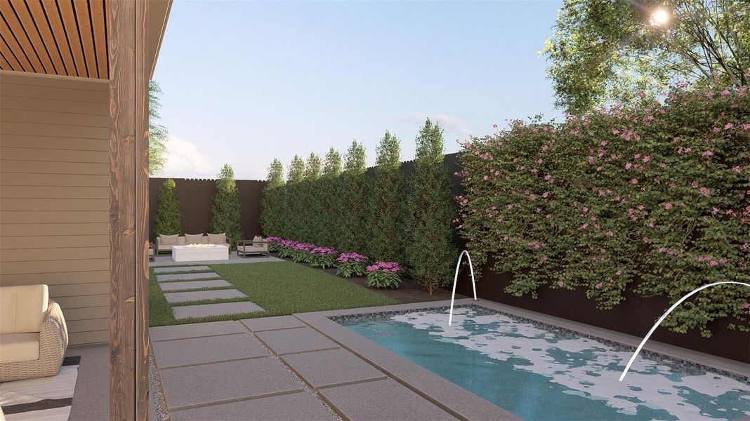 View of swimming pool featuring patio surround, an outdoor living space, and a fenced backyard