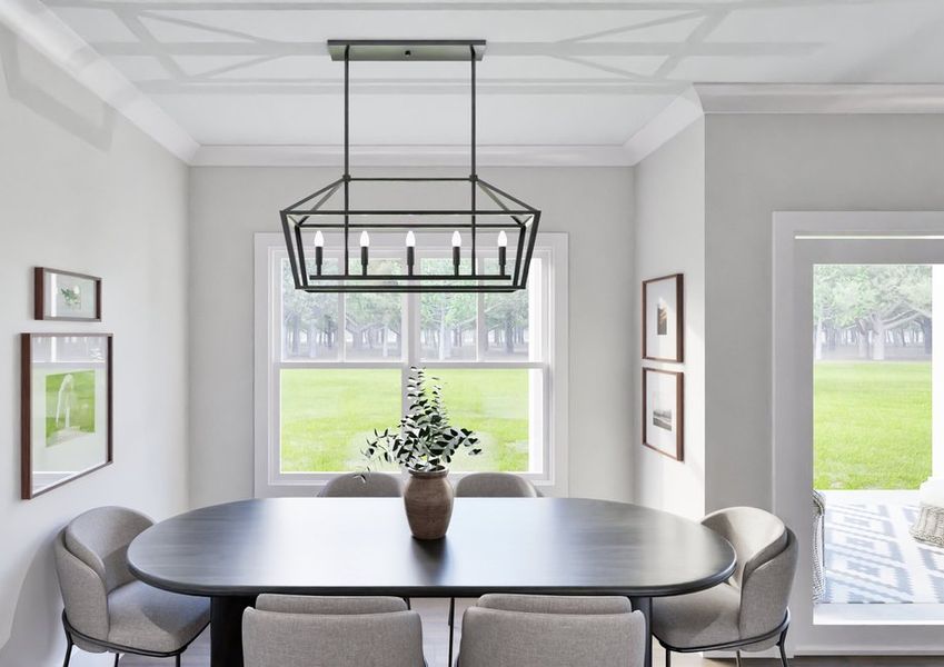 A dining room featuring a wooden table surrounded by four chairs, with warm lighting and decorative elements.