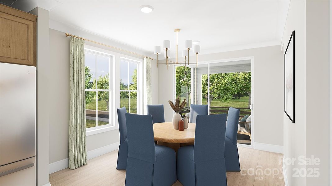 Dining Space Surrounded by Energy Efficient Windows. *Virtual Rendering | Actual Finishes, Structural Selections, and Orientation May Vary.